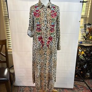 Savanna Jane Leopard print with floral embroidery maxi duster dress, Small